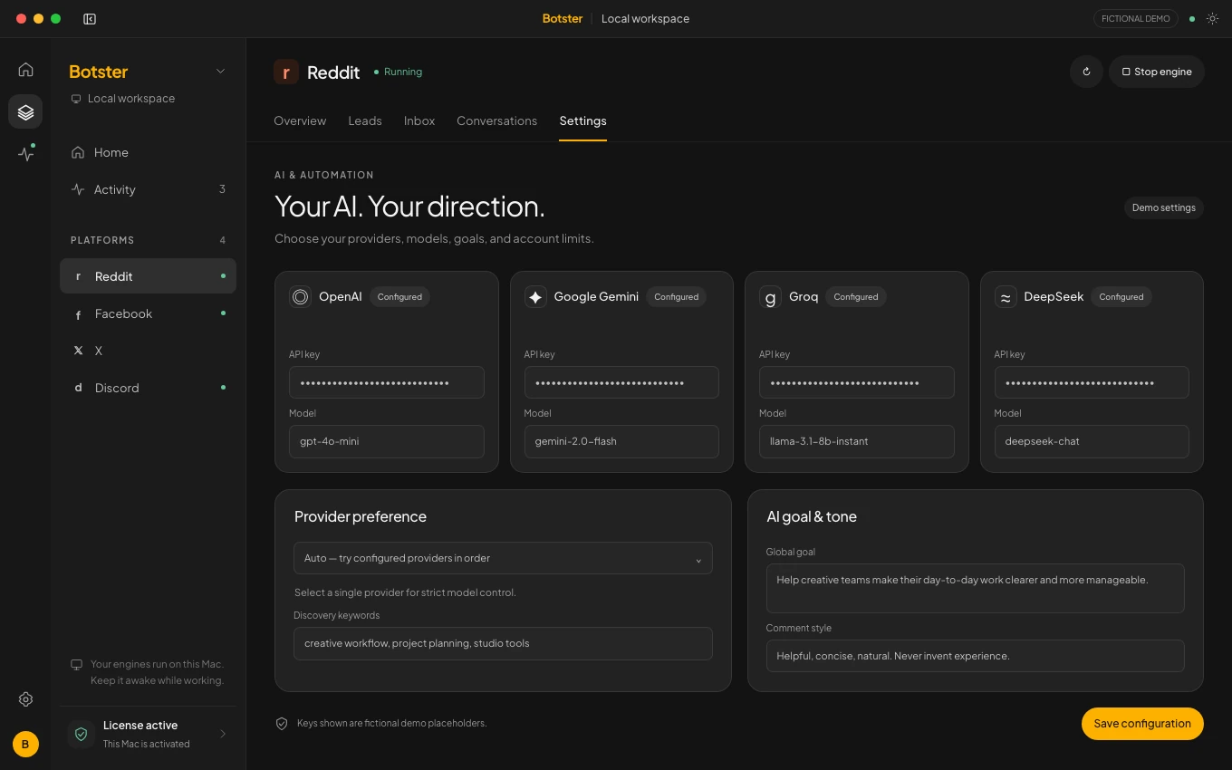 Botster AI settings showing provider and model choices with masked placeholder API keys.