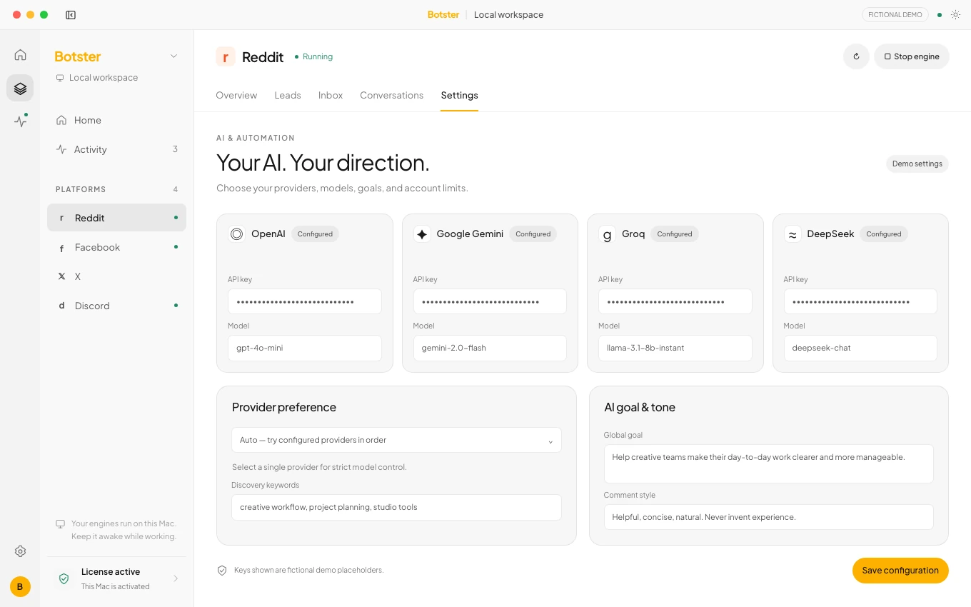 Botster AI settings showing provider and model choices with masked placeholder API keys.
