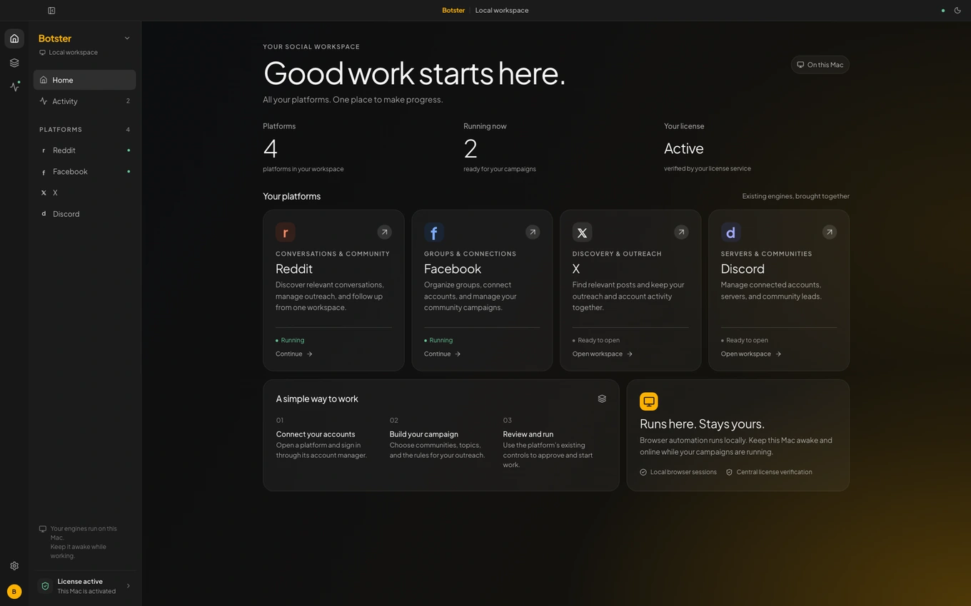 Botster desktop overview with Reddit, Facebook, X and Discord workspaces, showing fictional demo activity and accounts.