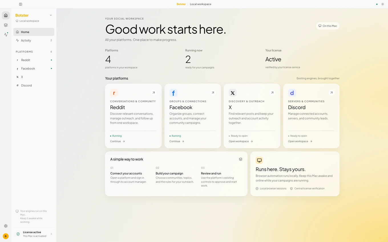 Botster desktop overview with Reddit, Facebook, X and Discord workspaces, showing fictional demo activity and accounts.