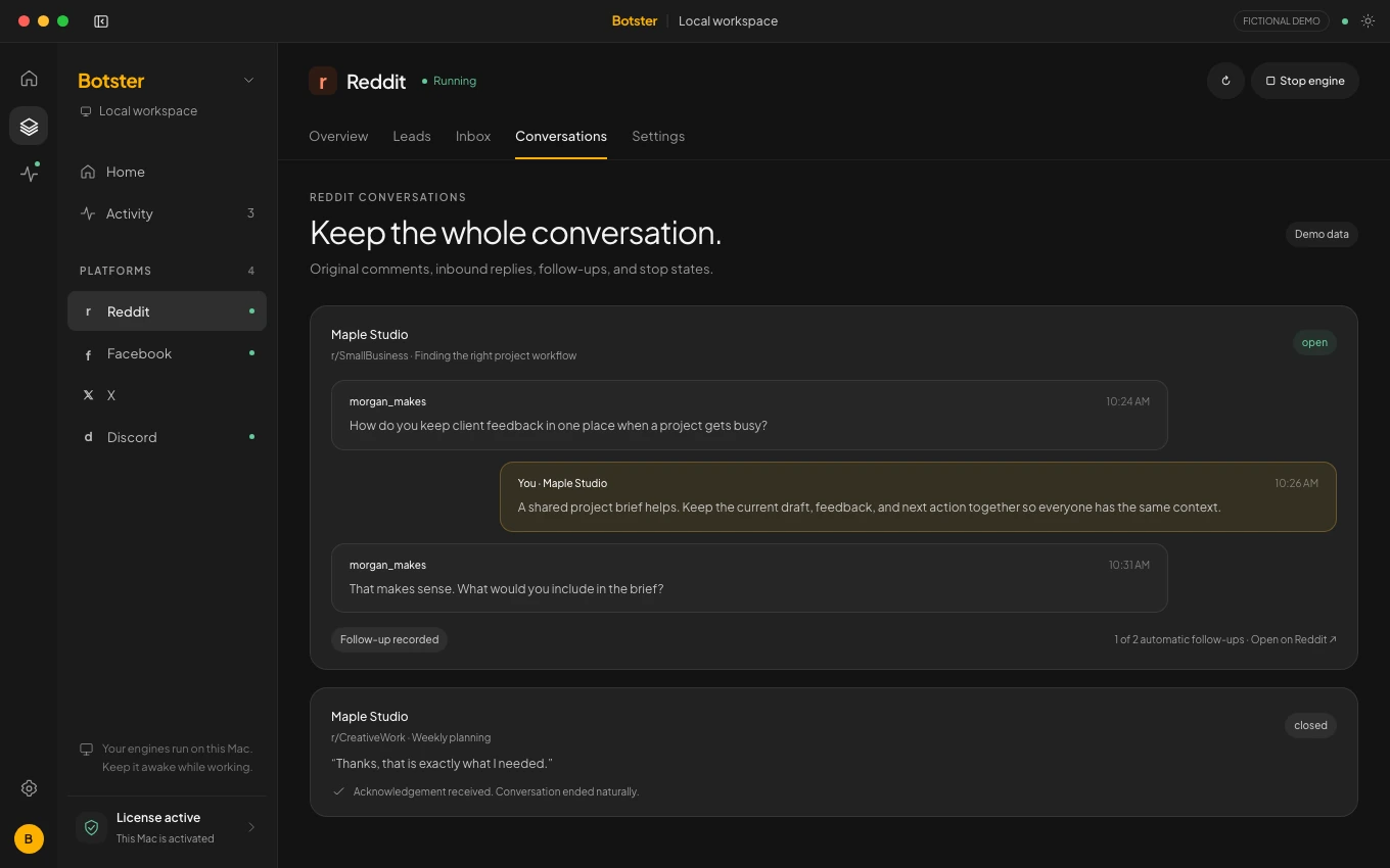 Botster Reddit workspace with keyword discovery, response history and a fictional conversation inbox.