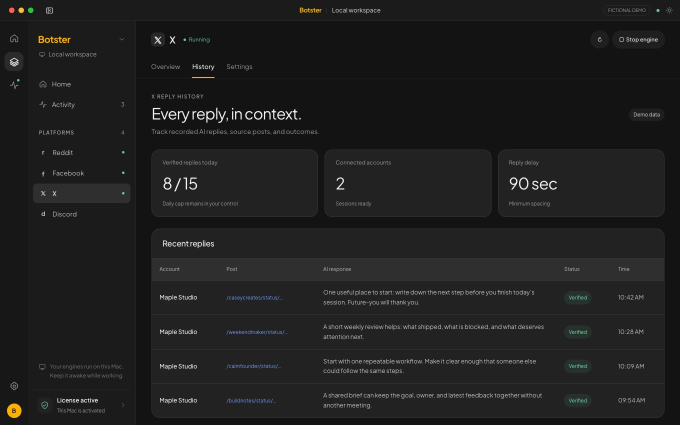 Botster X workspace with fictional keyword matches, reply history and account status.